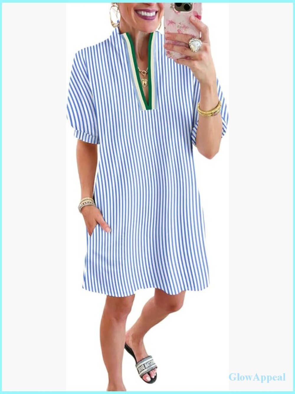 Women's Shift Dress V Neck Short Dolman Sleeve with Pockets Casual Summer Beach